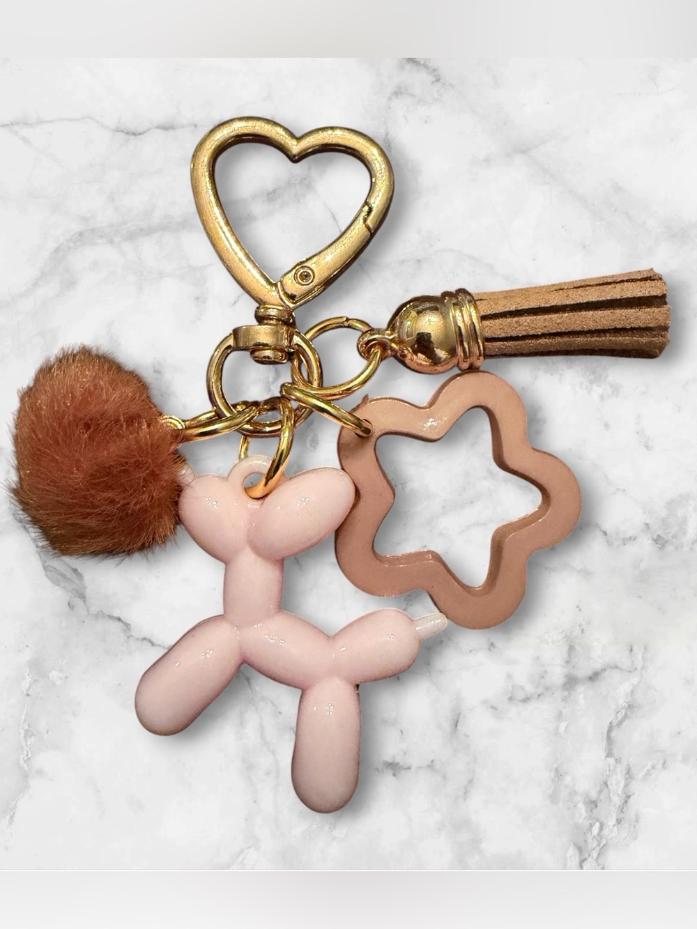 Charming Pink Balloon Dog Keychain with Flower Charm and Tassel